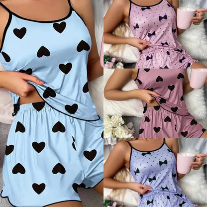 Women’s Pajama Set — Pink Heart Print Ice Silk T-Shirt & Shorts, Comfortable Casual Summer Sleepwear