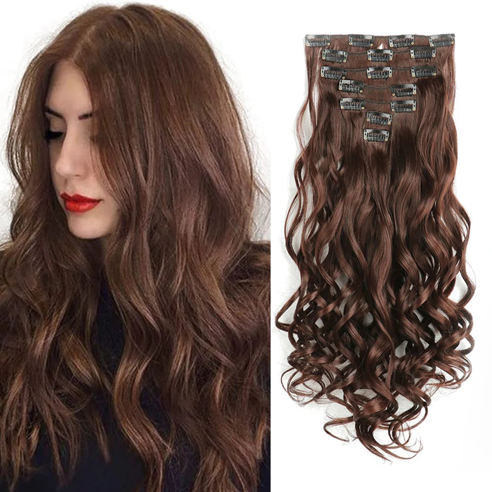 Clip-In Hair Extensions, 7-Piece Full Head 22-Inch Long Curly Wavy Synthetic Hair Extensions for Women and Girls
