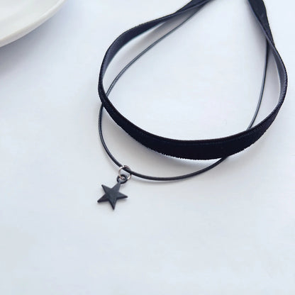 Black Velvet Pentagram Choker - Double Pendant Strap Necklace for Women, Gothic Fashion Accessory