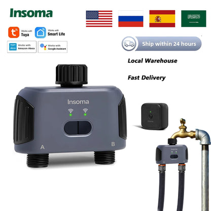 Insoma Automatic Water Timer with WiFi Hub – 2-Outlet Garden Irrigation Sprinkler System, Alexa Compatible