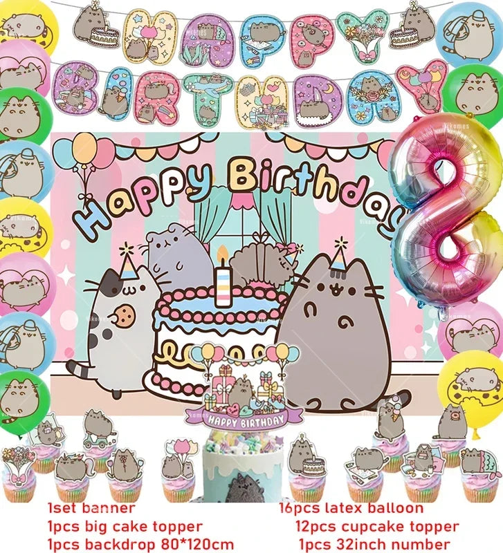 Pusheen Cat Birthday Party Decorations - Cartoon Pet Theme Balloons, Banner, Backdrop, Cake Topper, and Baby Shower Stickers