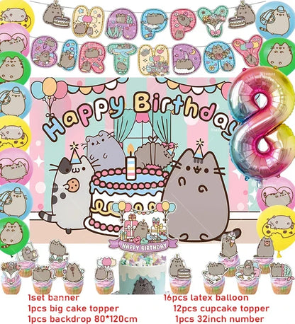 Pusheen Cat Birthday Party Decorations - Cartoon Pet Theme Balloons, Banner, Backdrop, Cake Topper, and Baby Shower Stickers