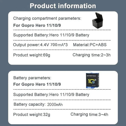 2000mAh Rechargeable Battery for GoPro Hero 11/10/9 — Li-ion Camera Battery Pack