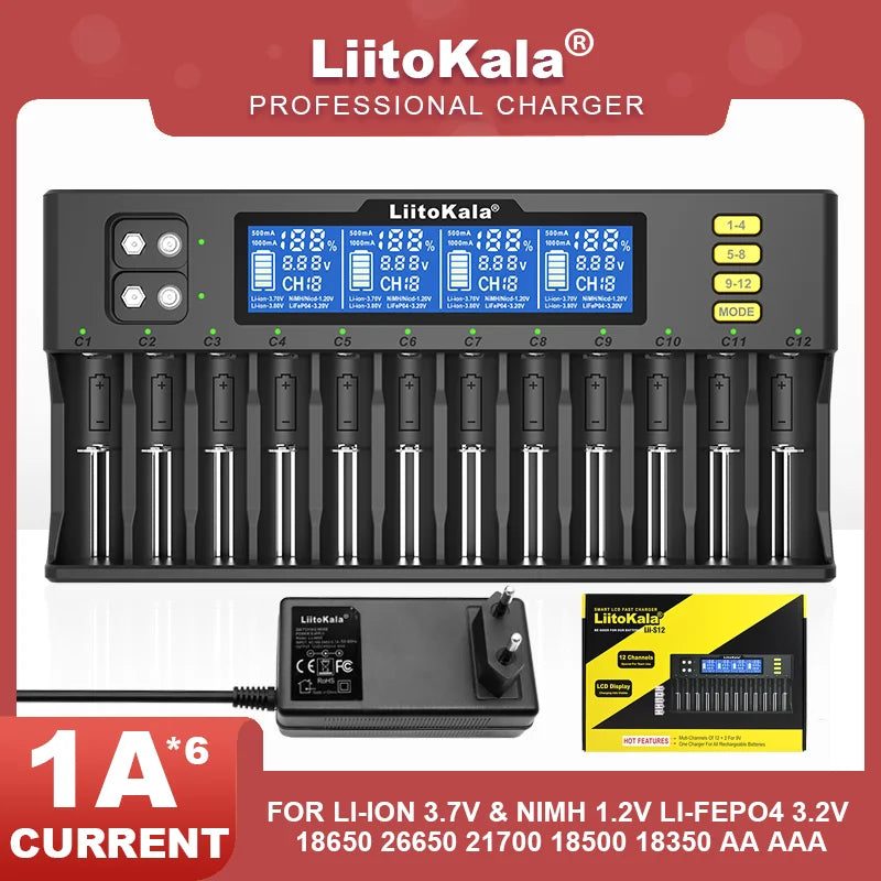 LiitoKala Lii-S12/Lii-S8 Battery Charger – LCD 18650, 21700, 26650, 26700, 20700, 18350, 9V IMR, NiMH/Cd, AA & AAA Rechargeable Batteries