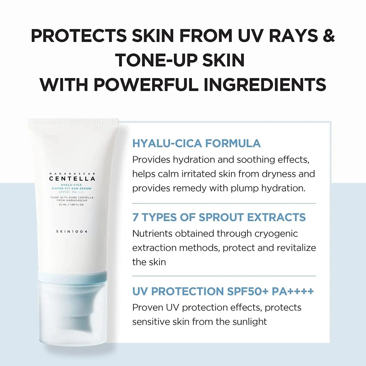 SKIN1004 Korean Centella Sun Serum SPF50+ — Hyaluronic Acid UV Protection for Sensitive Skin