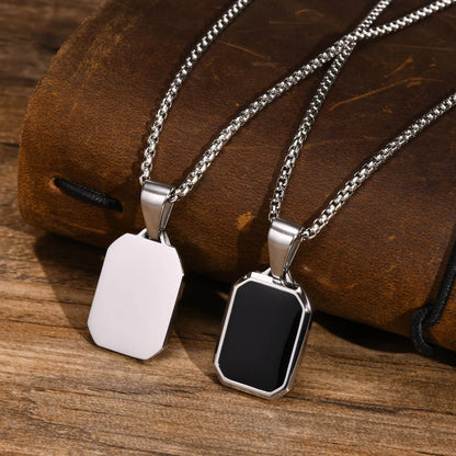 Casual Black Enamel Necklace for Men, Waterproof Stainless Steel Square Pendant, Simple Fashion Collar Jewelry Gift