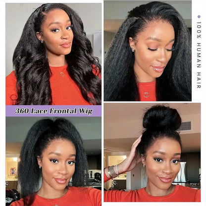 30 Inch 360 Lace Glueless Human Hair Wig - Invisible Strap Kinky Straight Full HD Lace Front Drawstring Wig