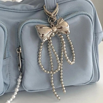 Cute Pearl Beaded Bowknot Keychain — Metal Bow Pendant Bag Charm for Women & Girls