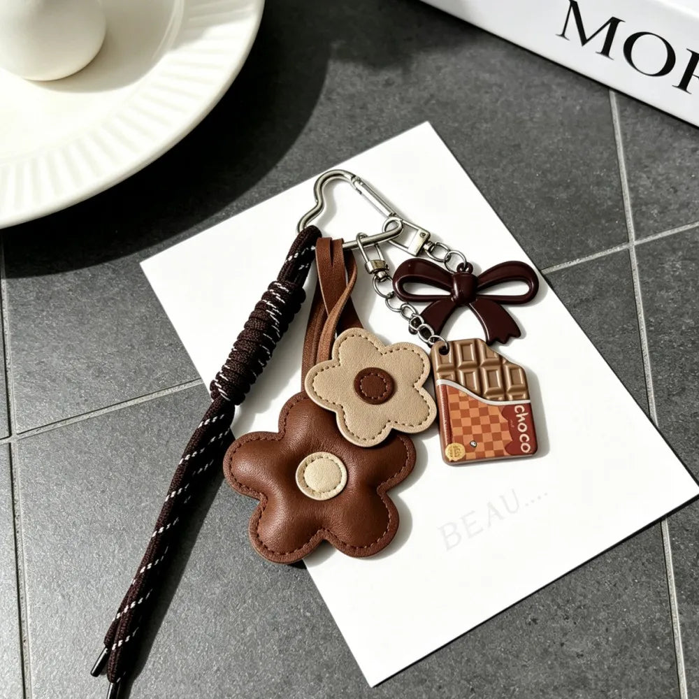Flower Leather Bag Charm Keychain - Braided Cord & Acrylic Bow Floral Accessory for Women and Girls
