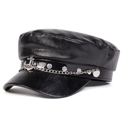 Large Buckle Leather Beret Hat - Fashion Sailor Military Cap for Women and Men