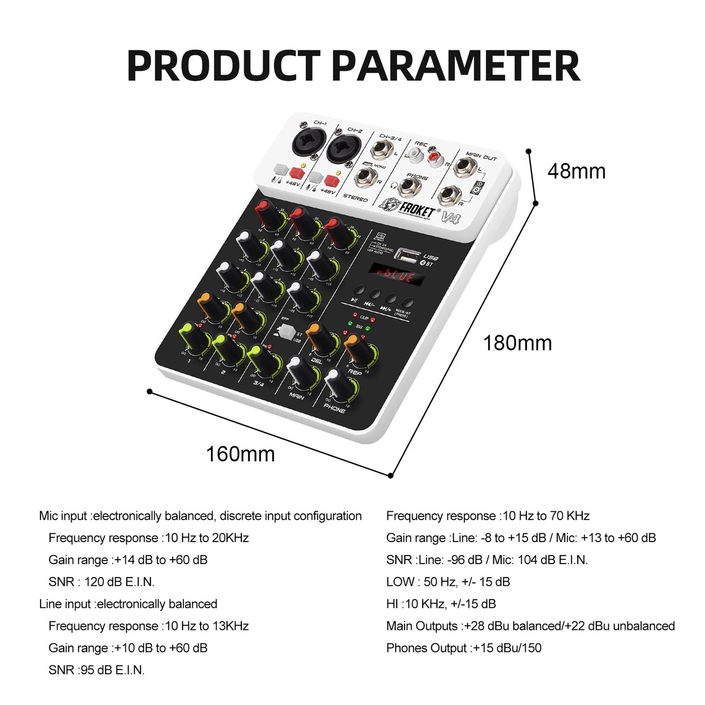 V4 4-Channel Audio Interface Mixer — USB & Bluetooth with 48V Phantom Power, Effects & Recording