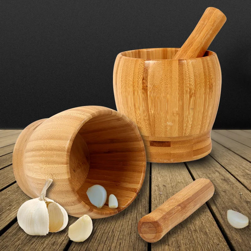 Traditional Bamboo Mortar & Pestle Set – Garlic, Herb & Spice Grinder for Kitchen Crushing and Mashing