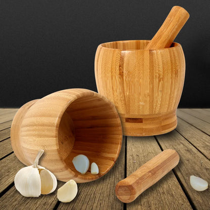 Traditional Bamboo Mortar & Pestle Set – Garlic, Herb & Spice Grinder for Kitchen Crushing and Mashing