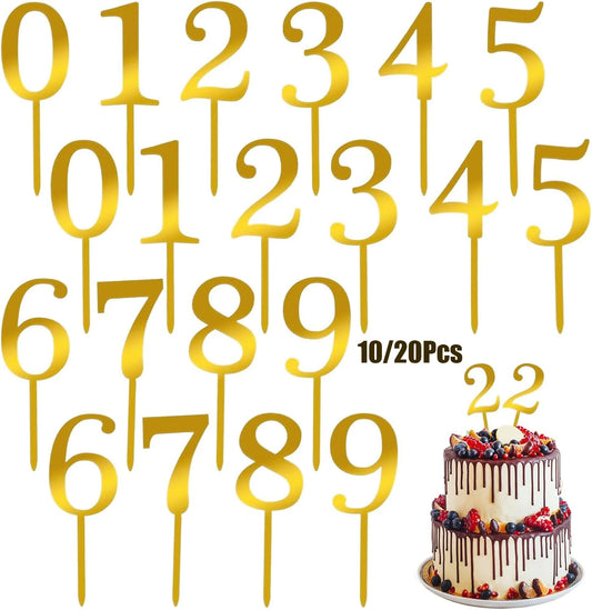 10–20PCS Acrylic Number Cake Toppers (0–9) – Gold Birthday & Wedding Cupcake Decorations for Party Cakes