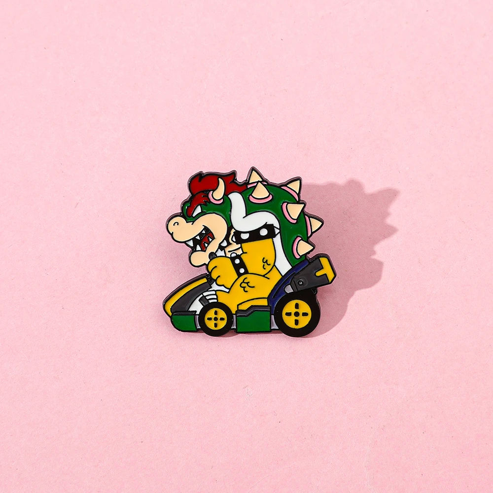 Dinosaur Racing Kart Enamel Brooch - Classic Game Character Metal Lapel Pin Collectible Gift for Fans