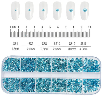 12-Grid Mixed Nail Rhinestones SS6-SS30 – Shiny Flat-Back Gems in Clear, Gold, Pink & Blue for Nail Art Decoration