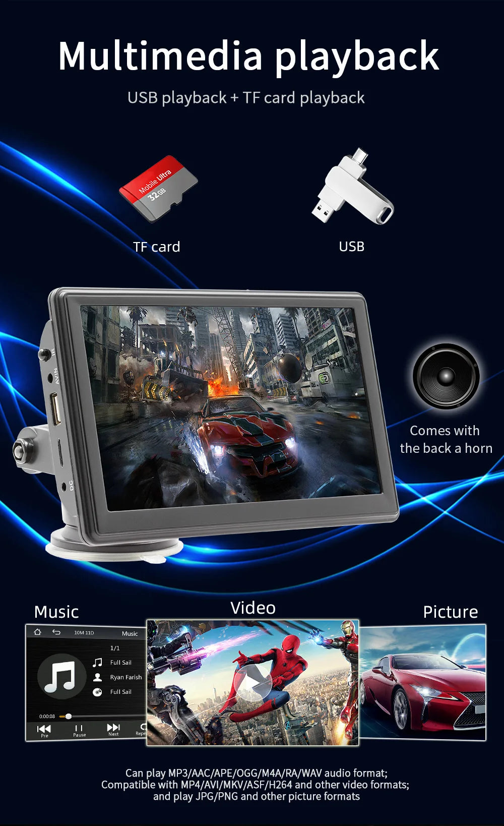 BQCC 7" HD IPS Car MP5 Player — Portable Stereo with Wireless CarPlay, Android Auto, BT, FM, USB & WiFi