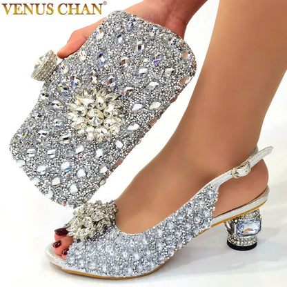 Silver Nigerian Women’s Shoe & Bag Set - African Fashion Party & Wedding Accessories