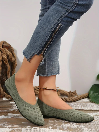 Women’s Pointed Toe Knitted Slip-On Flats – Solid Color Casual Breathable Ballet Loafers