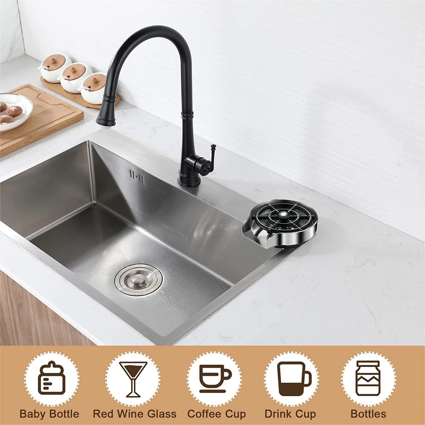 Stainless Steel Kitchen Sink Glass Rinser - Faucet Glass Rinser and Bottle Washer for Kitchen Sinks - Essential Kitchen Sink Accessories