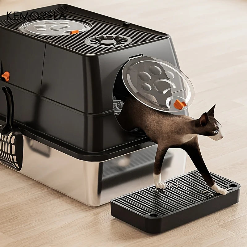 KEMORELA XL Stainless Steel Cat Litter Box – Extra Large Enclosed Litter Box with High Sides & Removable Scoop for Big Cats