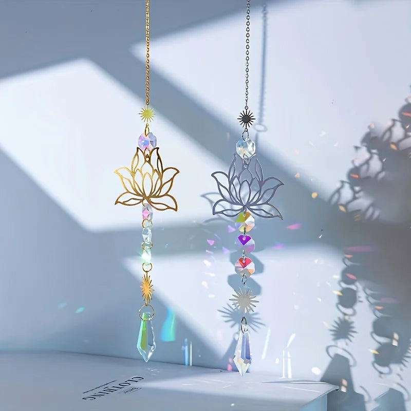 Metal Lotus & Crystal Suncatcher Charm – Handmade Wind Chime Pendant for Home, Garden, and Outdoor Decoration