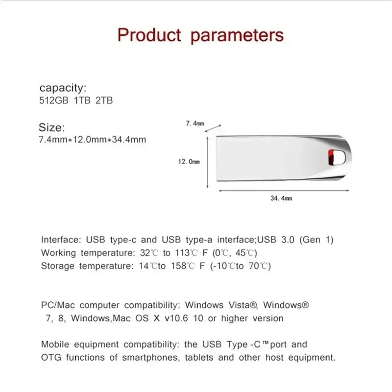 Xiaomi 2TB USB 3.0 Metal Flash Drive - High-Speed Pendrive, Available in 1TB, 512GB, 256GB, Waterproof USB Storage