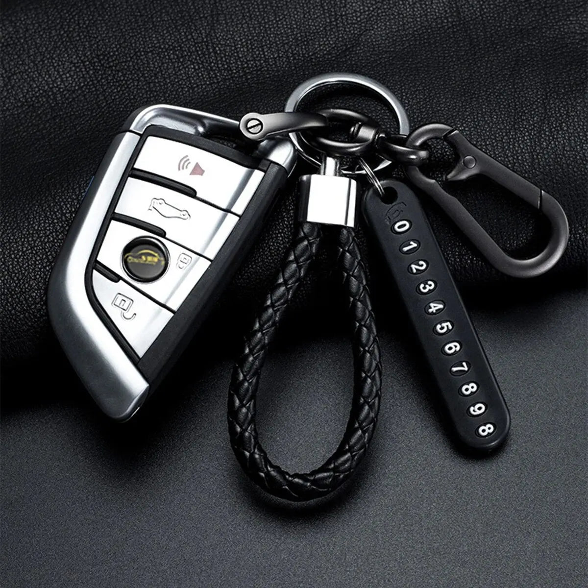 Trendy DIY Mobile Phone Number Plate Keychain - Punk Leather Rope Car Keychain for Men, Anti-Lost Accessory