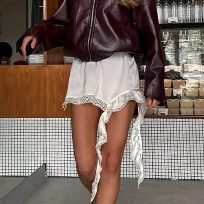 Women’s White Lace Asymmetrical Midi Skirt – High Waist Satin Slim Fit Summer Casual Street Chic Skirt