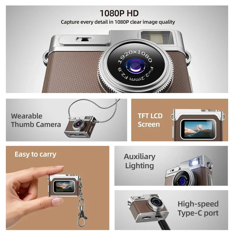 1080P HD Retro Mini Thumb Camera - Wearable Portable Keychain Camera for Travel, Outdoor Photography and Vlogging