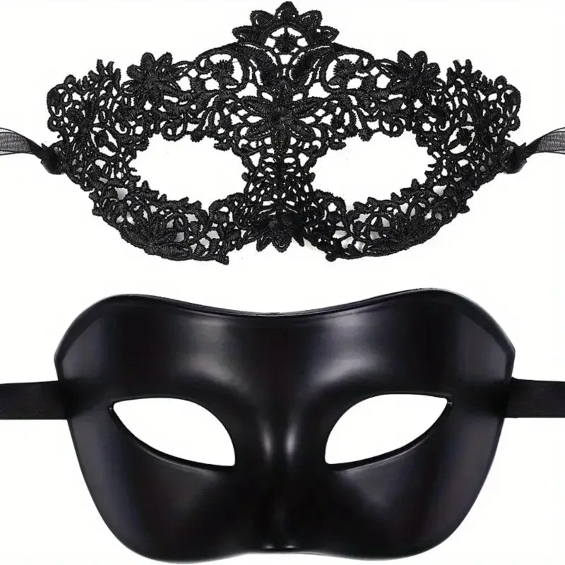 Black Lace Masquerade Mask Set - 2-Piece Elegant Venetian, Mardi Gras & Halloween Party Masks