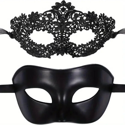 Black Lace Masquerade Mask Set - 2-Piece Elegant Venetian, Mardi Gras & Halloween Party Masks