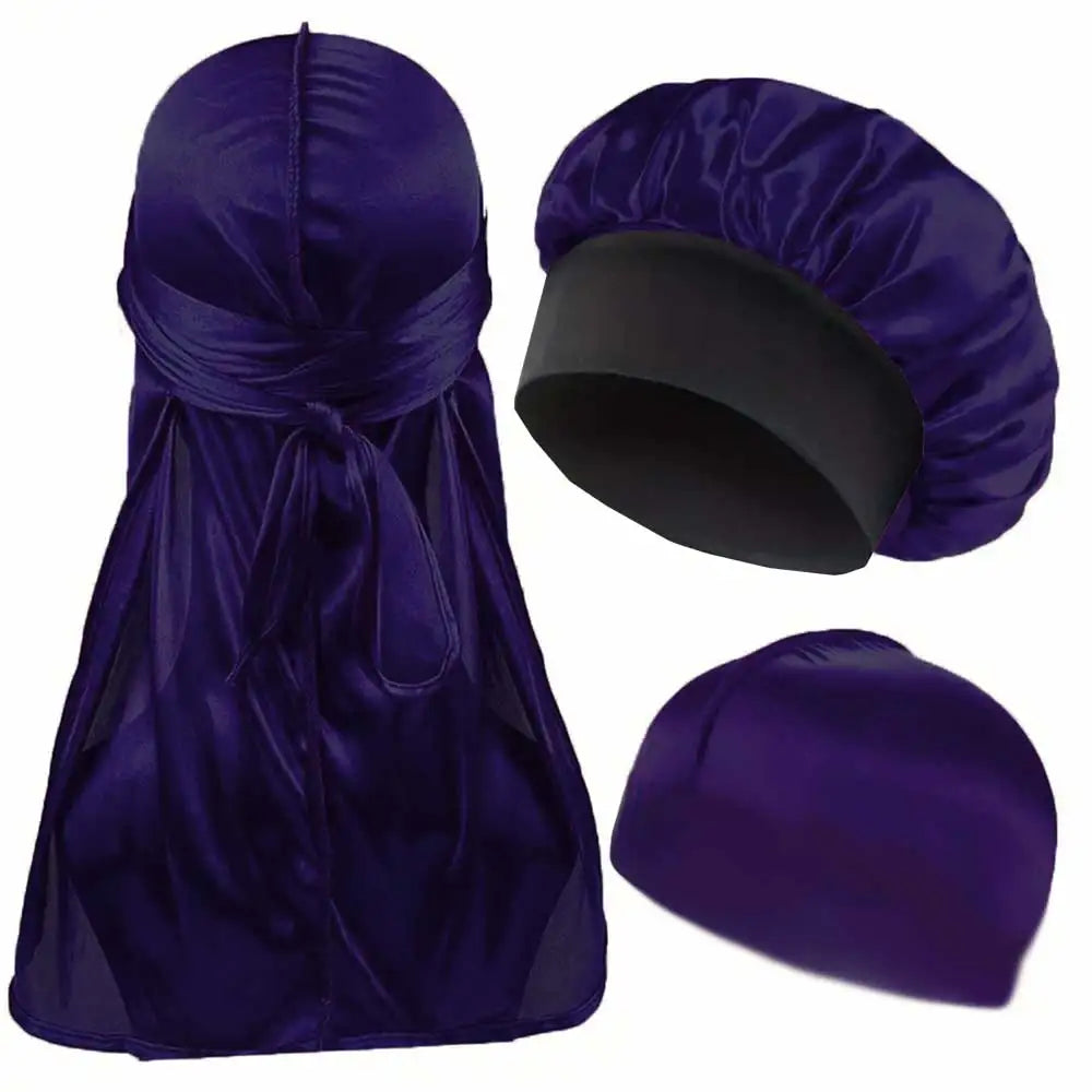 3PCS Durag & Satin Bonnet Set - Solid Color Night Cap and Lightweight Dome Hat Hair Accessories