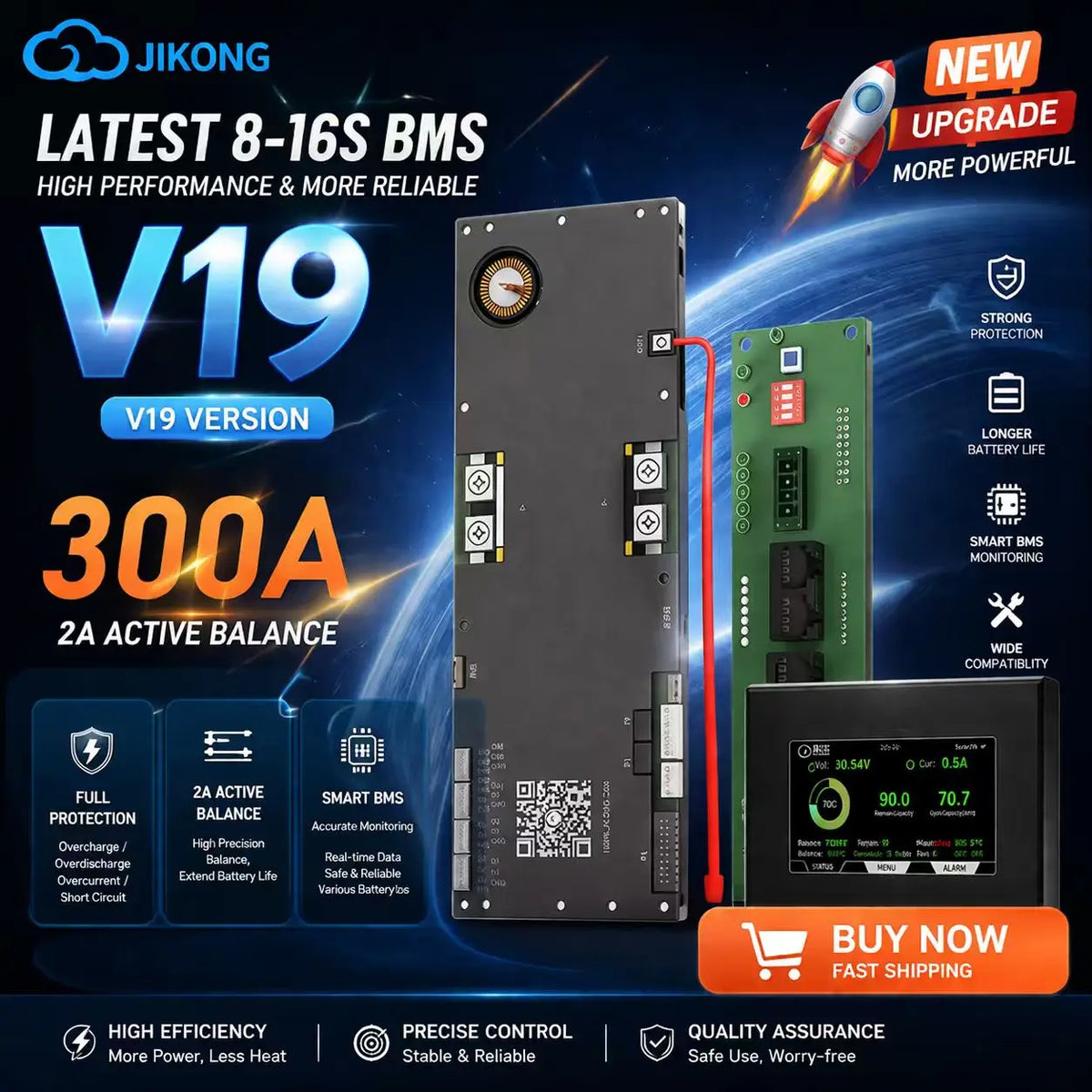 JK BMS V19 16S 48V 200A Battery Management System - PB2A16S20P Active Balancer for LiFePO4, Li-Ion & LTO Batteries