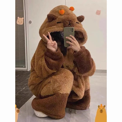 Winter Capybara Cosplay Costume - Adult Kigurumi Unicorn Onesie, Anime Nightgown, Halloween Cartoon Pajamas & Sleepwear