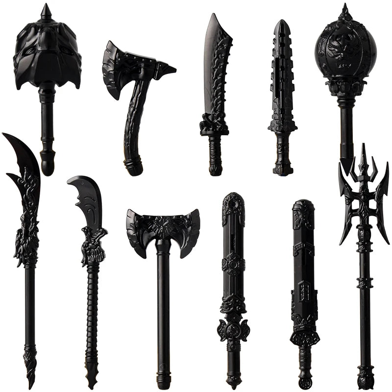 Medieval Figure Weapons Building Blocks Kit – King Sword, Lion Shield, Trident & Double-Edged Axe Battle Toy