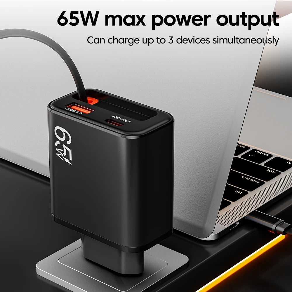 65W USB-C Wall Charger with Retractable Cable – Fast Charging Adapter with USB PD and QC 3.0 for iPhone, POCO, and Xiaomi Devices