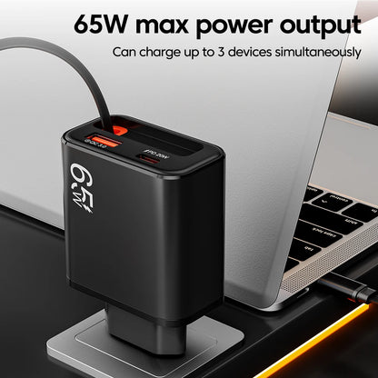 65W USB-C Wall Charger with Retractable Cable – Fast Charging Adapter with USB PD and QC 3.0 for iPhone, POCO, and Xiaomi Devices