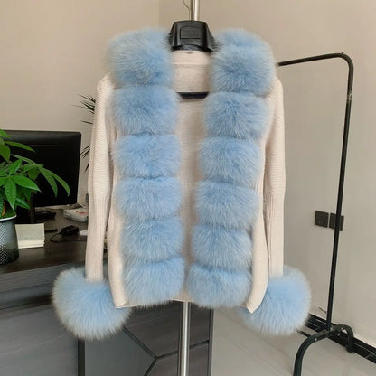 Women’s Spring & Autumn Sweater Cardigan – Real Fox Fur Collar Jacket, Natural Fur Outerwear