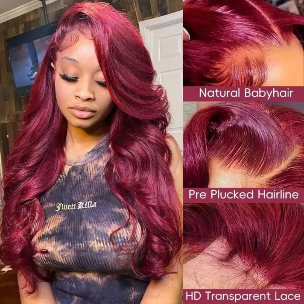 99J Burgundy Lace Frontal Wig – 13x6 Body Wave HD Transparent Lace Front Human Hair, Pre-Plucked 99J Red Color