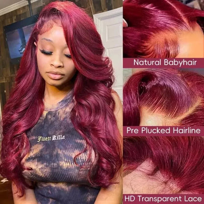 99J Burgundy Lace Frontal Wig – 13x6 Body Wave HD Transparent Lace Front Human Hair, Pre-Plucked 99J Red Color