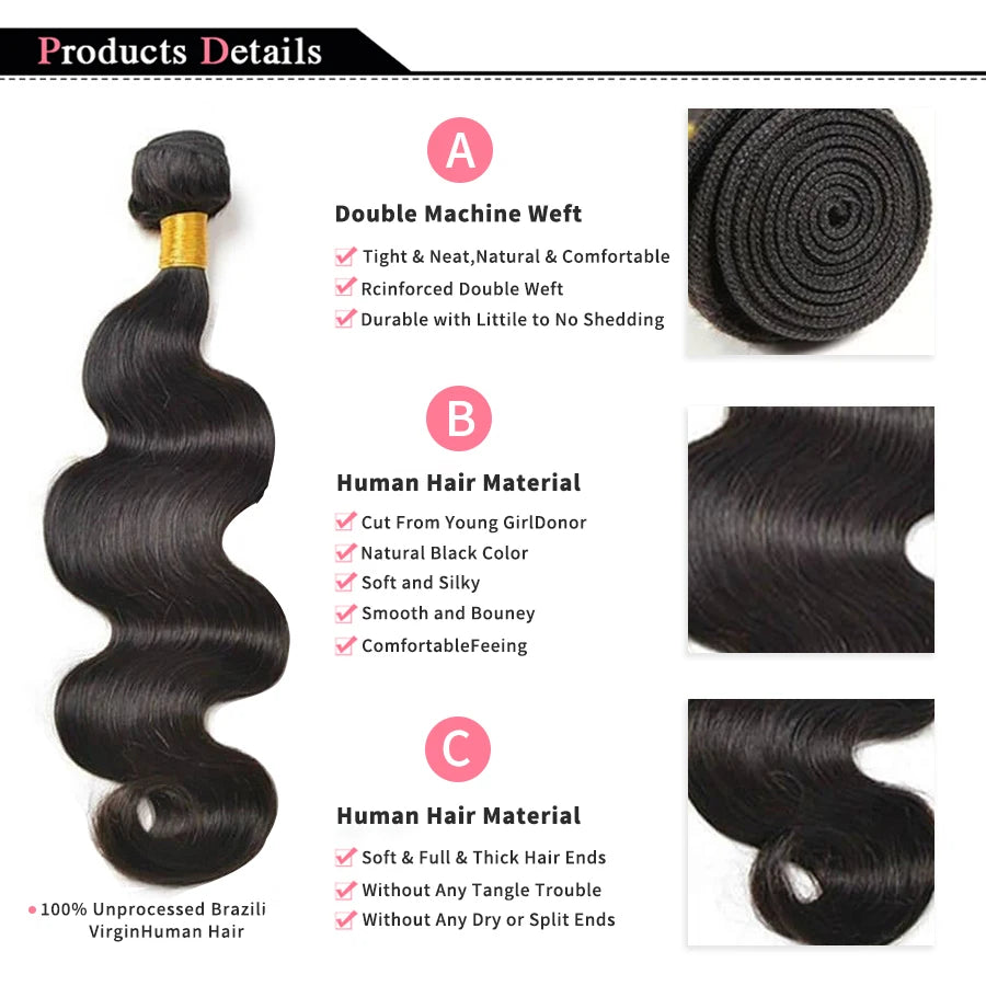 Body Wave Bundles – 100% Brazilian Human Hair Weave Extensions, Natural Black, 3PCS Bundle Deal