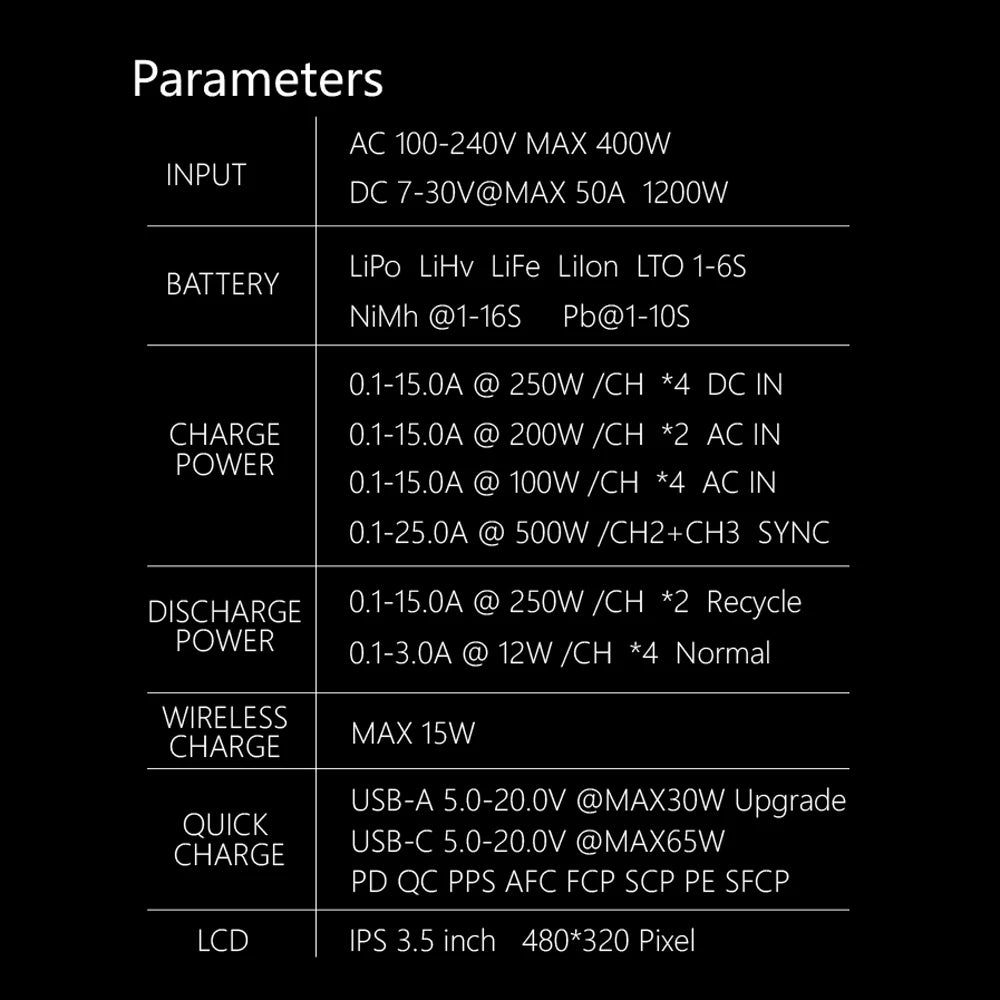 ToolkitRC Q6AC Charger — AC 400W/DC 1000W 4CH with USB A/Type-C, LiPo 1-6S, NiMH 1-16S, PB 1-10S, IPS Display