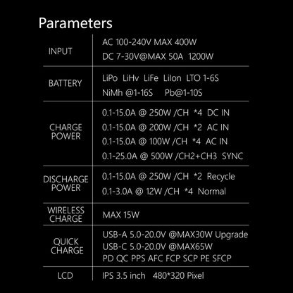 ToolkitRC Q6AC Charger — AC 400W/DC 1000W 4CH with USB A/Type-C, LiPo 1-6S, NiMH 1-16S, PB 1-10S, IPS Display
