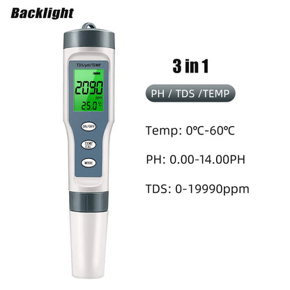 Waterproof PH Meter - PH/TDS/EC/Temp Digital Water Quality Monitor with Backlight for Pools, Drinking Water & Aquariums