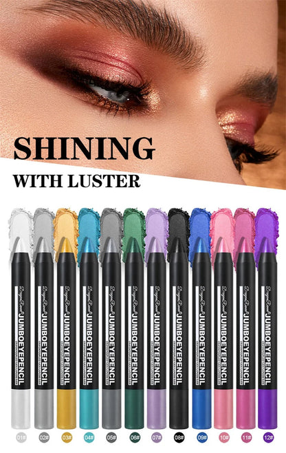 12-Color Waterproof Eyeshadow Pencil – Long-Lasting Pigment Blue Purple Black Eye Shadow Stick