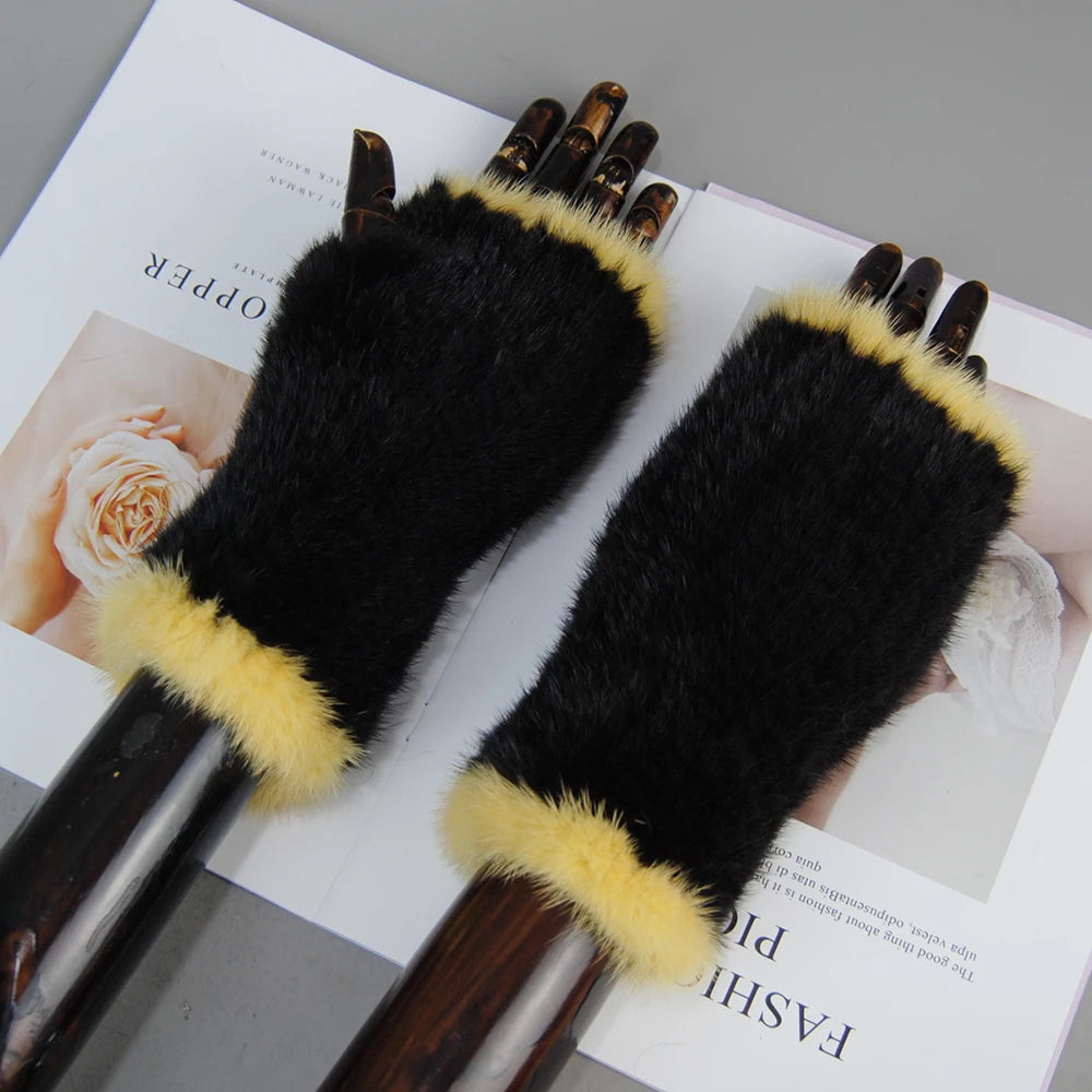 Women’s Winter Mink Fur Gloves – 100% Natural Fingerless Knitted Mittens for Warmth