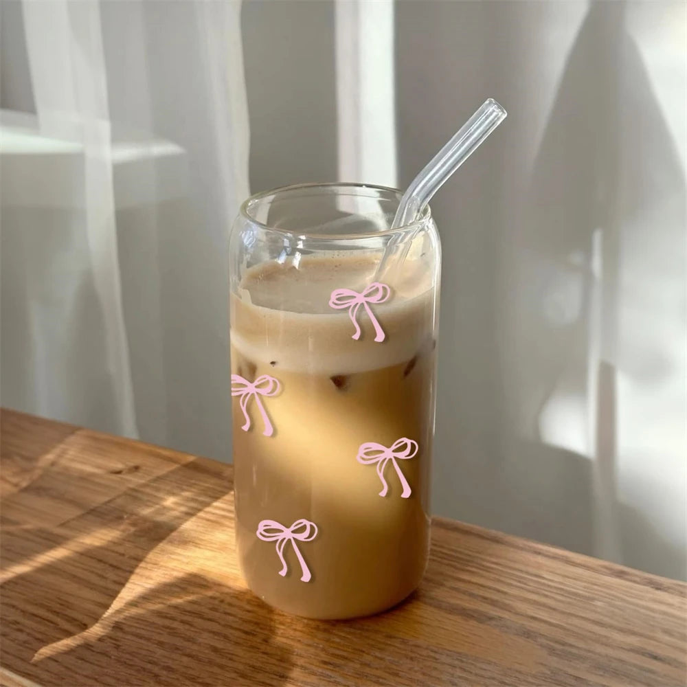500ml Pink Bow Glass Tumbler with Lid & Straw - Cute Cup for Iced Coffee, Matcha, Smoothies & Juice