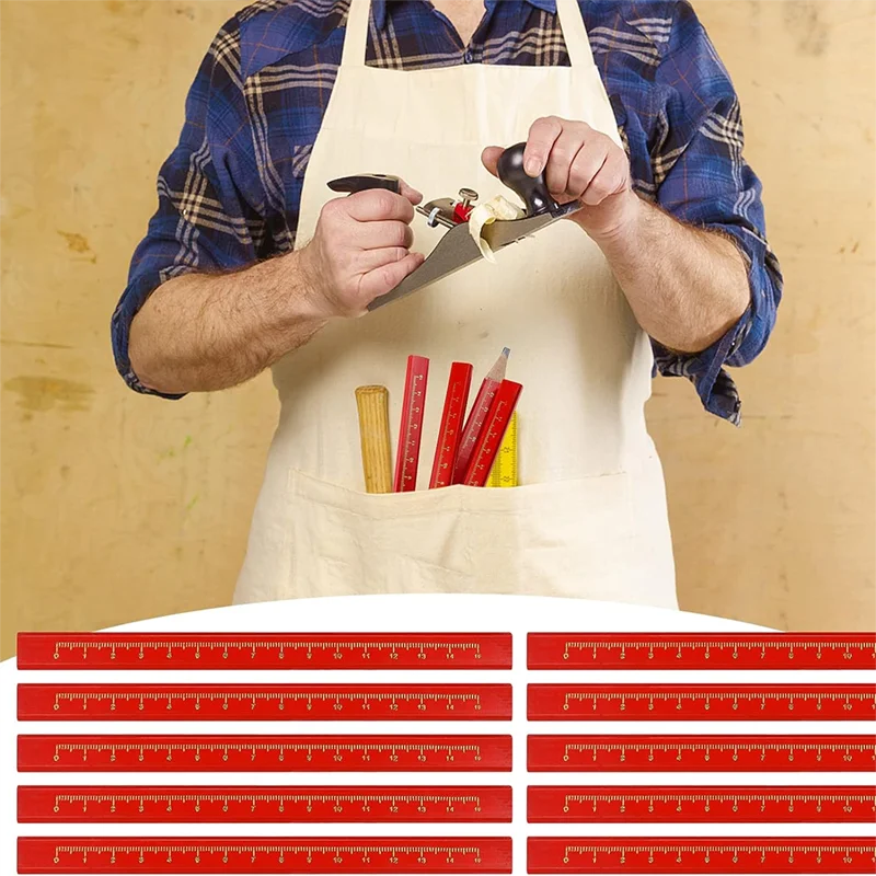 10-Piece Woodworking Pencils Set: Dedicated Marking Tools for Workers - Flat Head Pen Design, Black Octagon & Red Square for Precise Drawing Lines