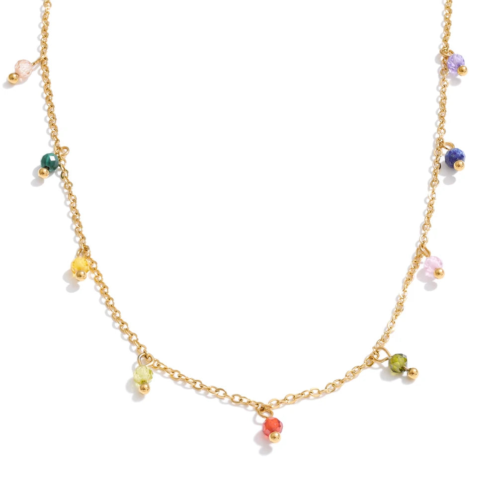 YHPUP Colorful Zirconia Drop Necklace - Stainless Steel Waterproof Y2K Collar Chain Jewelry with PVD Finish